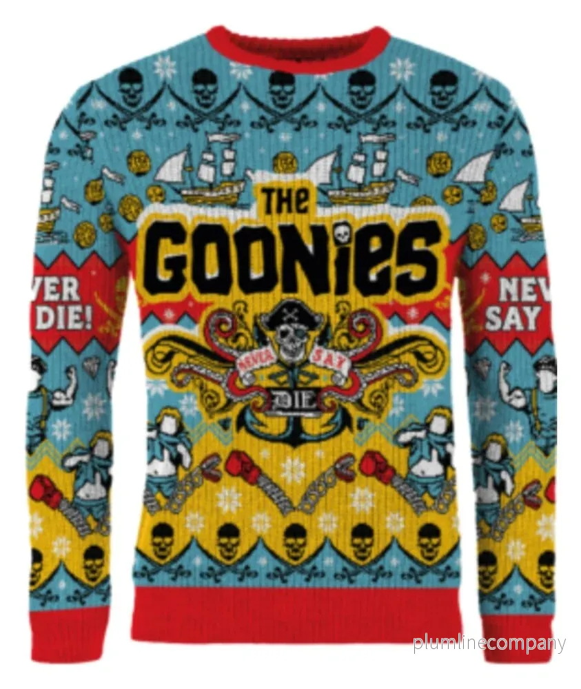 The Goonies jultröja – officiell stickad jultrofé med karaktärs- och skattmotiv The Goonies jultröja – officiell stickad jultrofé med karaktärs- och skattmotiv