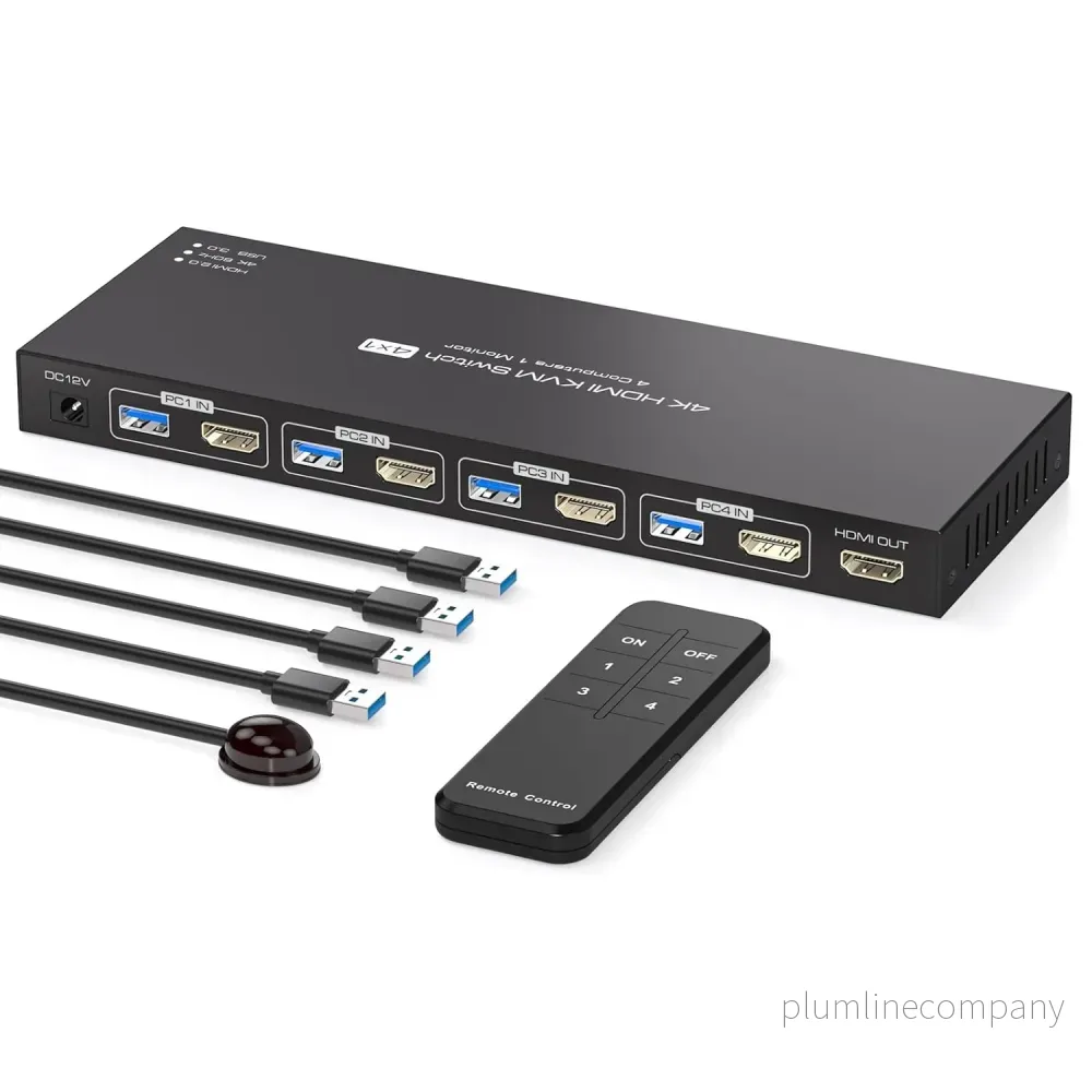 NÖRDIC HDMI 2.0 KVM-switch 4 till 1 EDID 4K60Hz, 4xUSB 3.0, 4 datorer till 1 bildskärm + 4xUSB 3.0-enheter, fjärrkontroll
