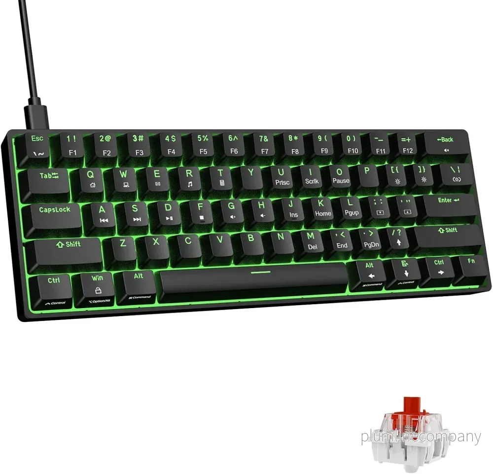 NÖRDIC 60% Trådbundet mekaniskt gaming-tangentbord med röda switches, LED-bakgrundsbelysning, ultrakompakt 61 tangenter, US-layout