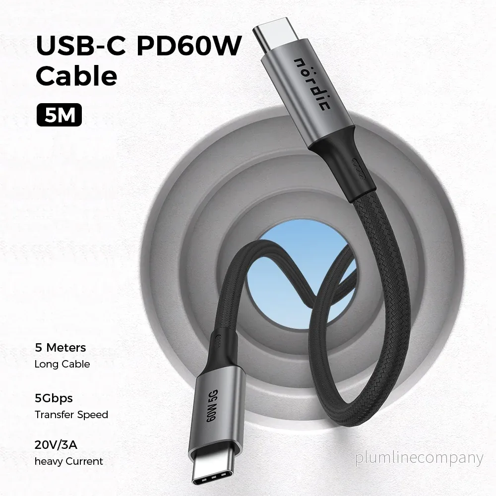 NÖRDIC 5m USB3.2 Gen1 USB-C till C nylonflätad kabel snabbladdning 3A 5Gbps Power Delivery PD 60W - Bild 2