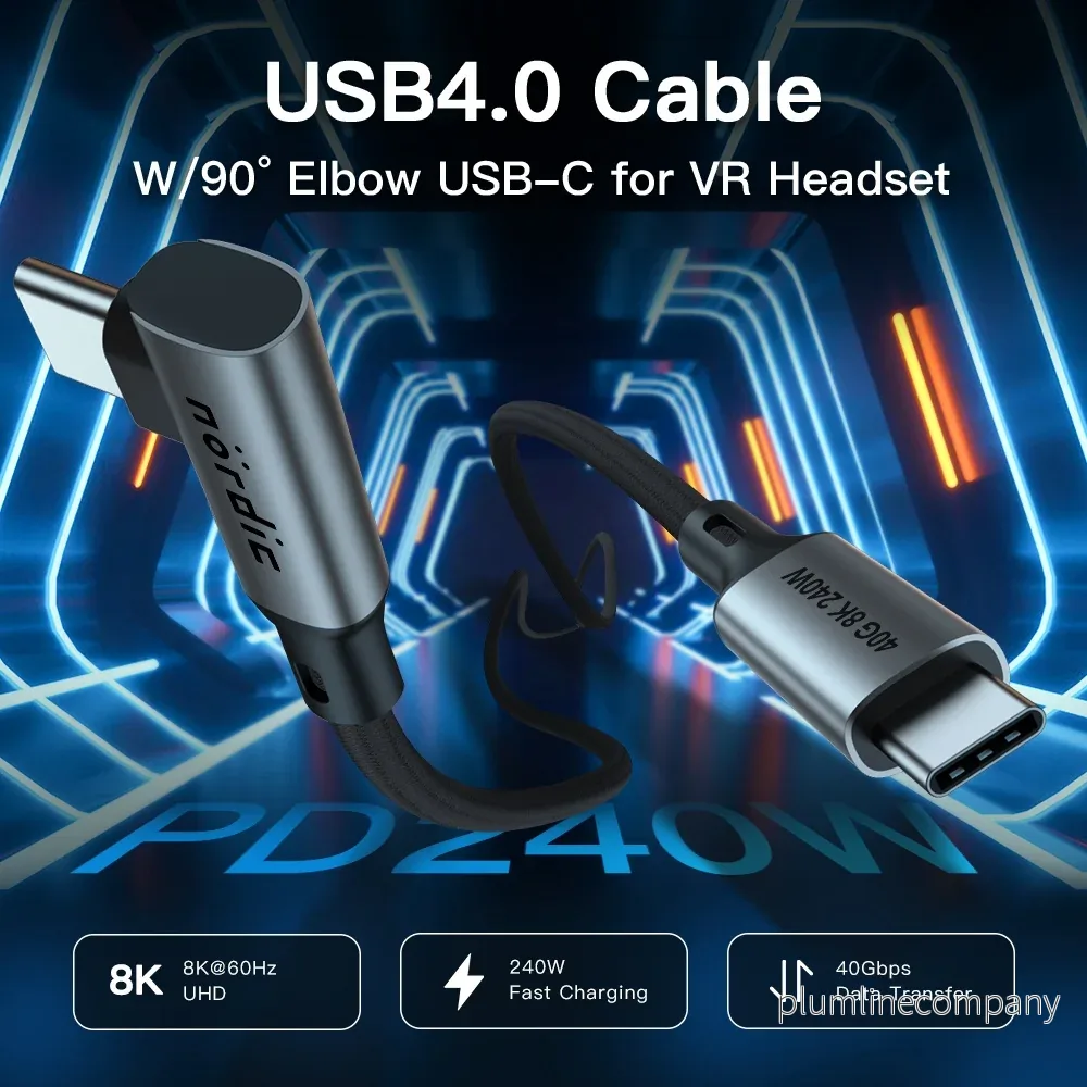 NÖRDIC vinklad 50cm USB4 USB-C till C nylonflätad kabel PD3.1 240W 40G 8K60Hz 4K144Hz grå - Bild 2