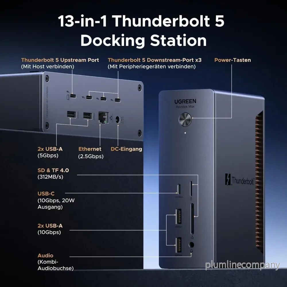 UGREEN Revodok Max Thunderbolt 5-dockningsstation 13-i-1, 120Gbps, 3xTB5-portar, 8K@60Hz/6K@60Hz/4K@240Hz, 140W laddning och 2,5Gbps Ethernet - Bild 2