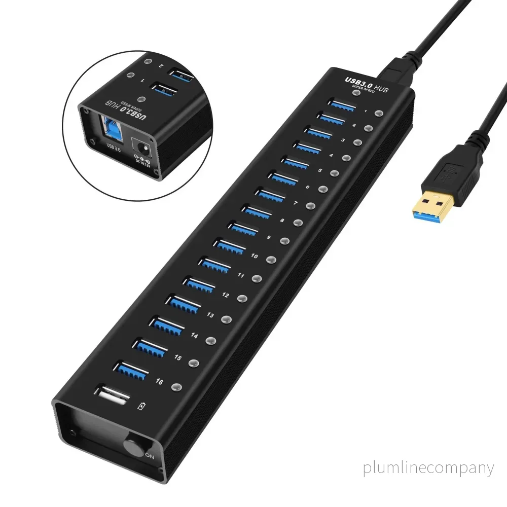 NÖRDIC powered 17-ports USB 3.0 HUB 5Gbps 1,2mm kabel aluminium svart med nätdel NÖRDIC powered 17-ports USB 3.0 HUB 5Gbps 1,2mm kabel aluminium svart med nätdel