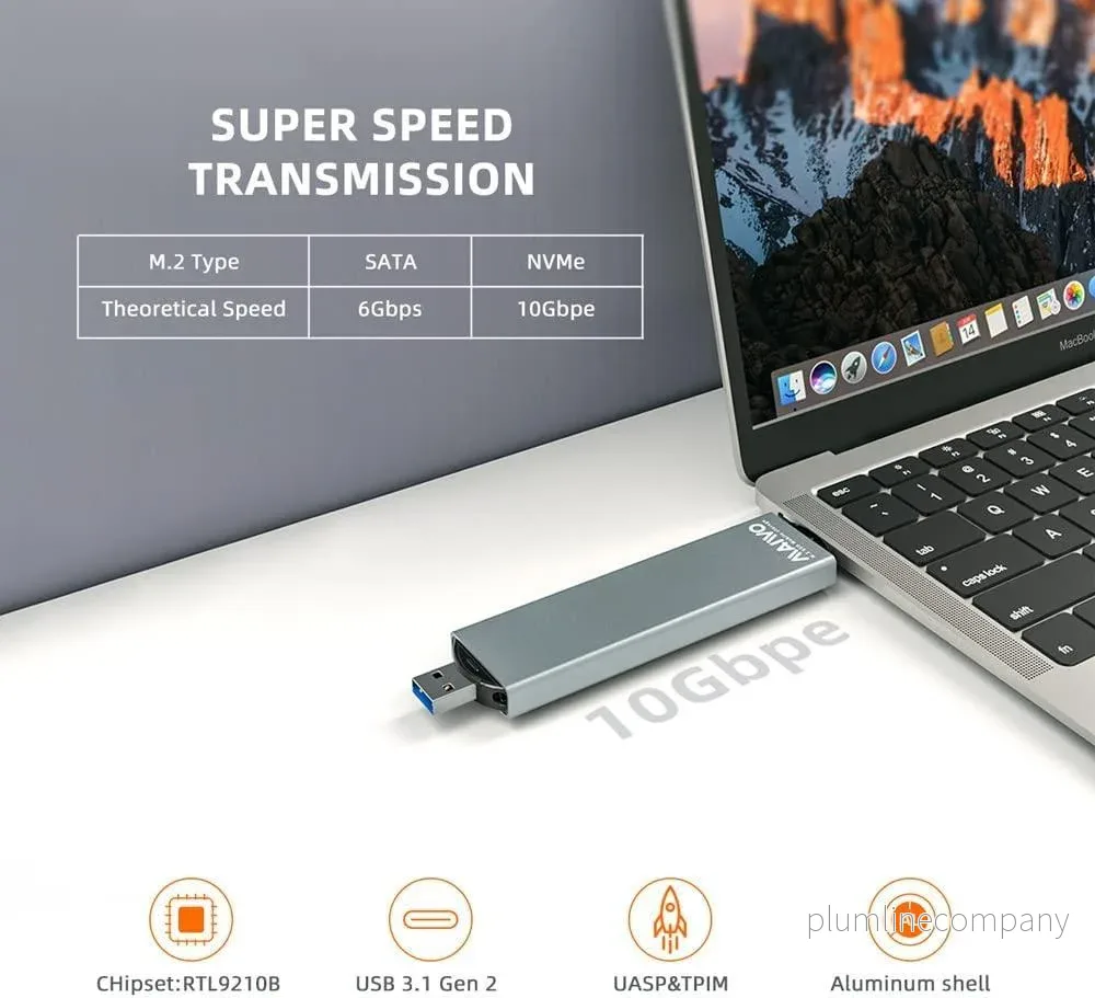 Maiwo K1683P2 Extern kabinett M.2 NVMe och SATA SSD till USB-A och USB-C USB3.2 Gen2 10Gbps M-Key B-Key och B&M Key UASP 2280 2260 2242 2230 aluminium - Bild 2