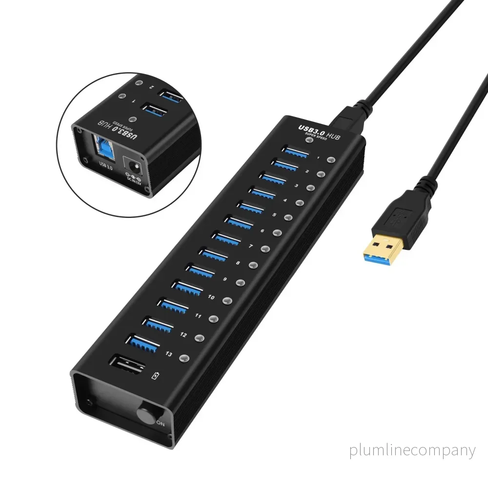 NÖRDIC powered 14-ports USB 3.0 HUB 5Gbps 1,2mm kabel aluminium svart med nätdel NÖRDIC powered 14-ports USB 3.0 HUB 5Gbps 1,2mm kabel aluminium svart med nätdel