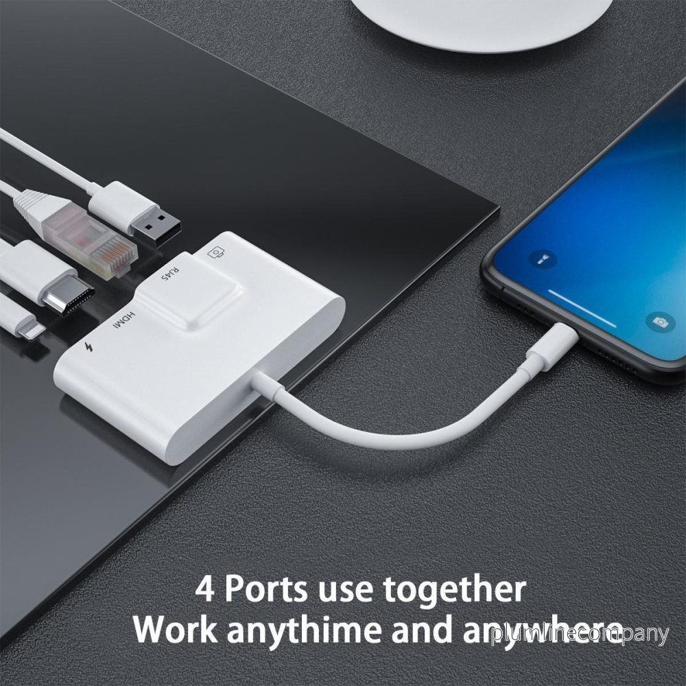 NÖRDIC Lightning adapter 1 till 4 portar 1xHDMI 1x RJ4510/100Mbps 1xUSB A 3.1 och 1 x Lightning laddningsport - Bild 2