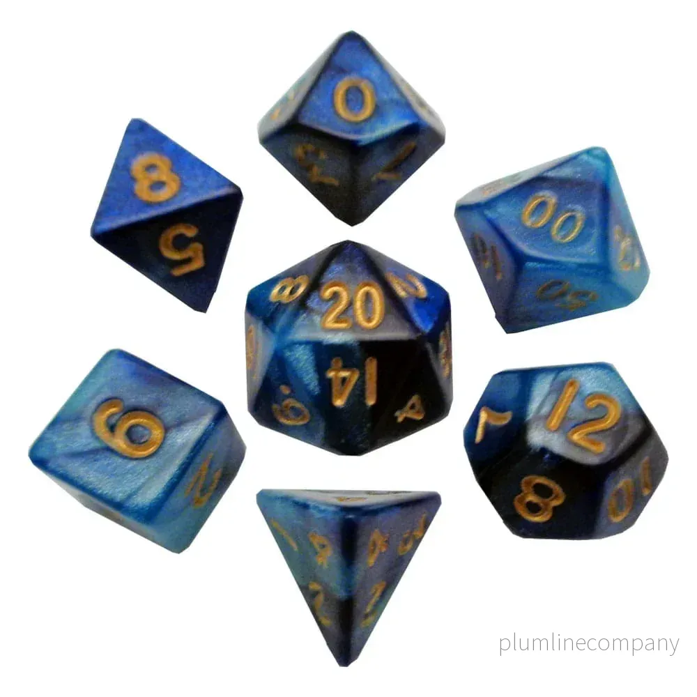 FanRoll Mini Dice Set Blå/Ljusblå med Guldnummer (7) - Bild 2