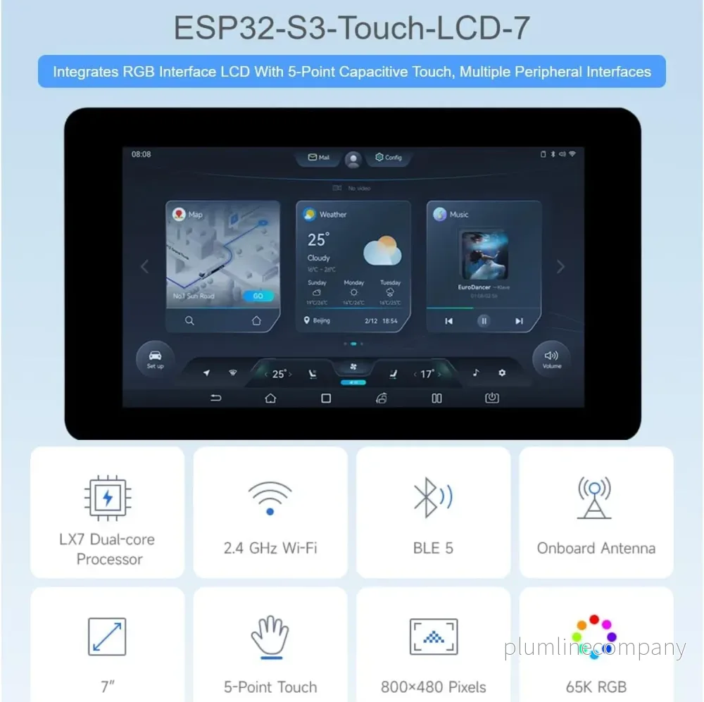Waveshare 7" ESP32-S3 Touch-skärm Utvecklingskort, 800 x 480, 65k RGB, 5-punkters touch, Stöd för WiFi och Bluetooth - Bild 2