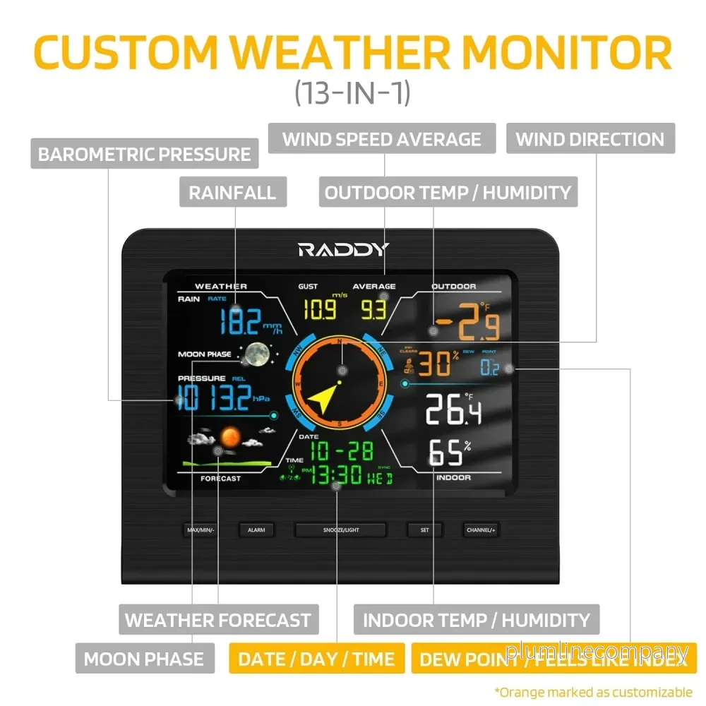 Professionell trådlös väderstation 13-i-1 med utomhussensor, termometer, barometer, hygrometer, vind- och regnmätare, 5" LCD-Display - Bild 3