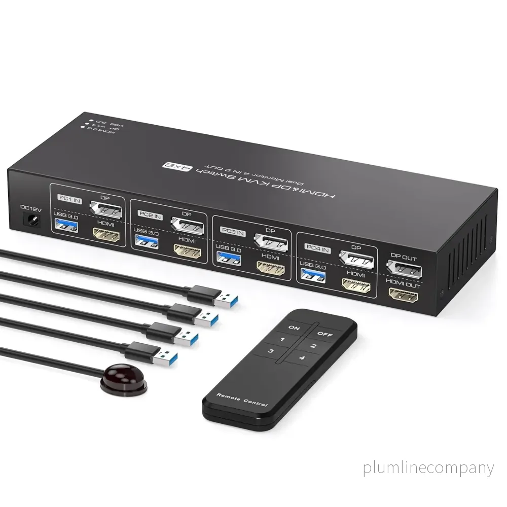NÖRDIC KVM 4×2 Switch 4PC till Dual Monitor HDMI & DP 8K60Hz med 1×3.5mm och 4xUSB-A NÖRDIC KVM 4×2 Switch 4PC till Dual Monitor HDMI & DP 8K60Hz med 1×3.5mm och 4xUSB-A
