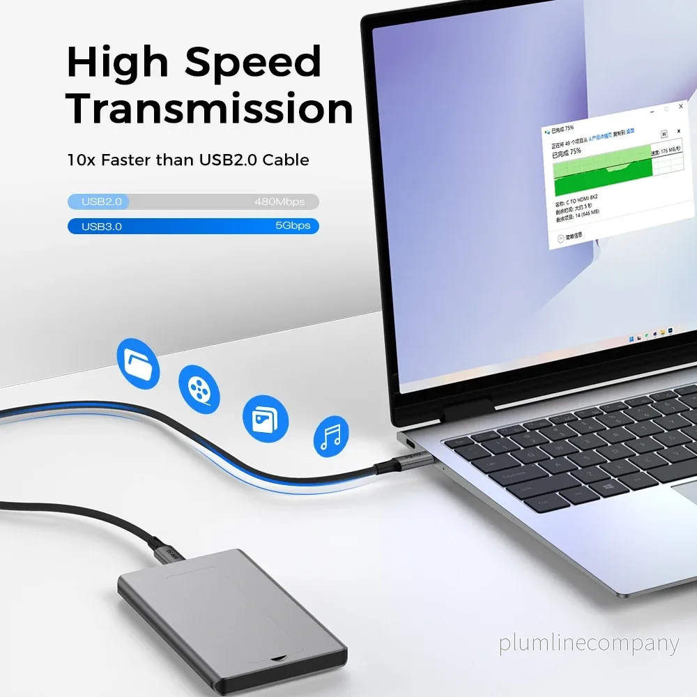 NÖRDIC 5m USB3.2 Gen1 USB-C till C nylonflätad kabel snabbladdning 3A 5Gbps Power Delivery PD 60W - Bild 3