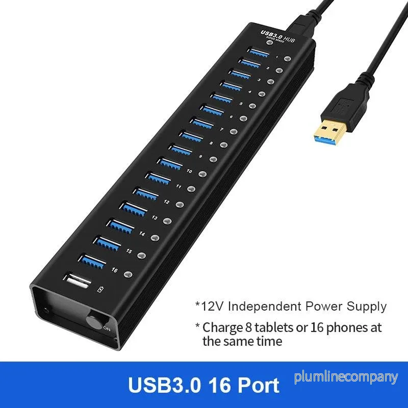 NÖRDIC powered 17-ports USB 3.0 HUB 5Gbps 1,2mm kabel aluminium svart med nätdel - Bild 2