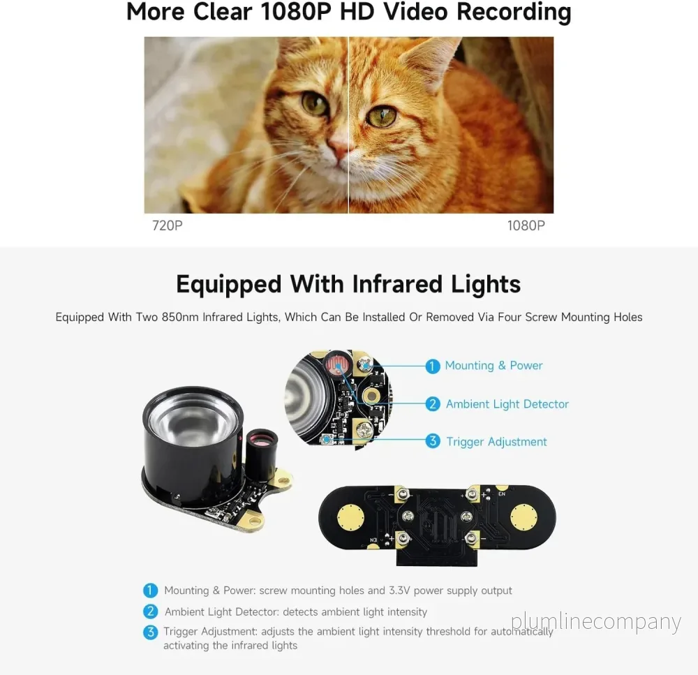 Waveshare Raspberry Pi Camera (F) 5MP OV5647 Night Vision Kameramodul Kit, 1080p IR-kamera med webbkamerafunktion för alla versioner av Raspberry Pi - Bild 2