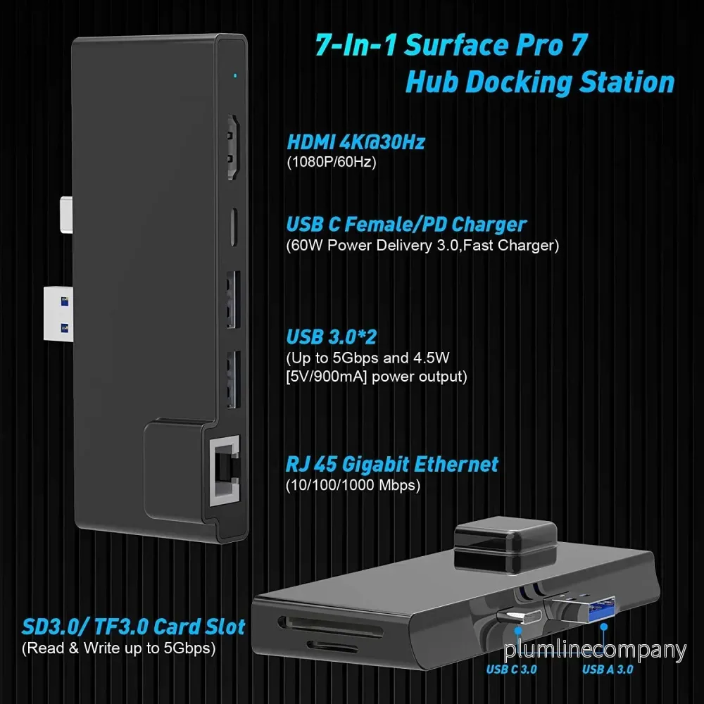 NÖRDIC USB 7-Port dockningstation för MicroSoft Surface Pro7 1xHDMI4k30Hz 2xUSB-A 5Gbps 1xUSB-C PD87W 1xRJ45 LAN och 1xTF och 1xSD - Bild 2