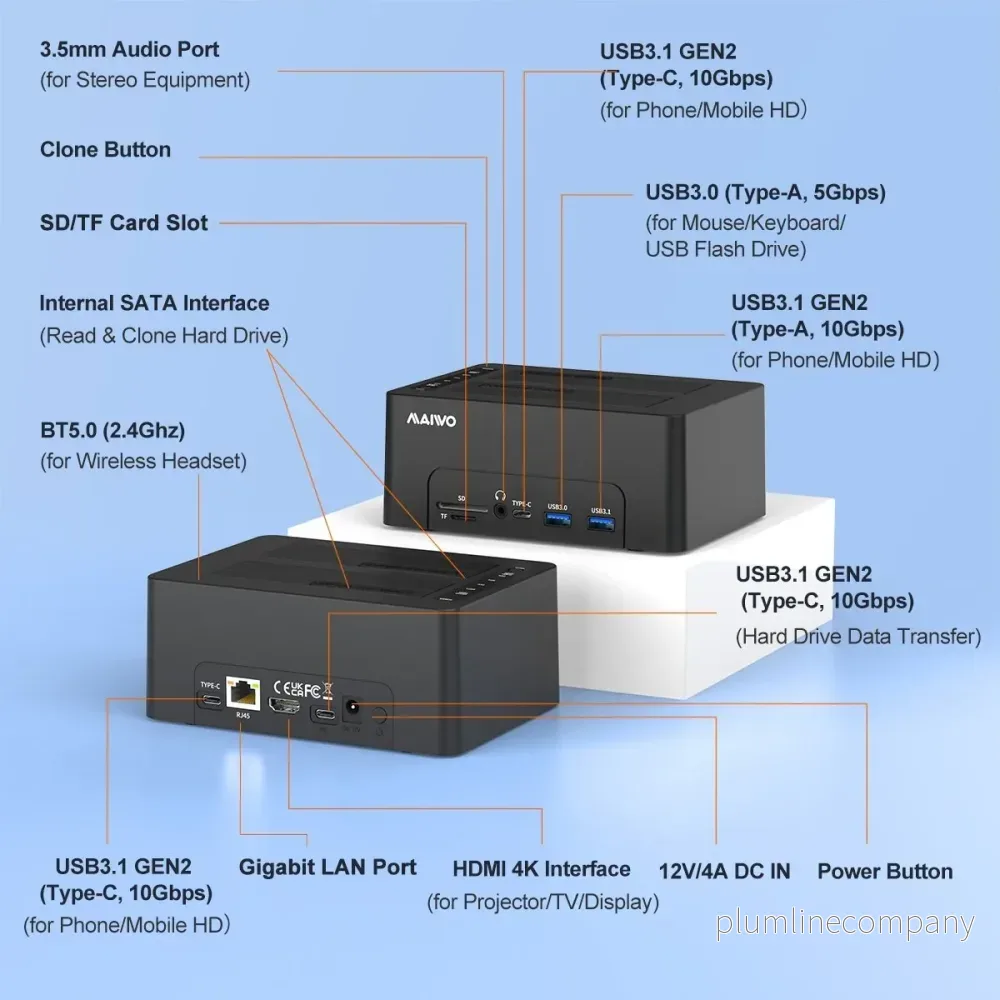 Maiwo K3082P HDD USB-C Dubbel dockningsstation med klon 10Gbps HDMI 4K60Hz Giga Lan kortläsare SD och MicroSD USB HUB 2xUSB-A och 2xUSB-C - Bild 2