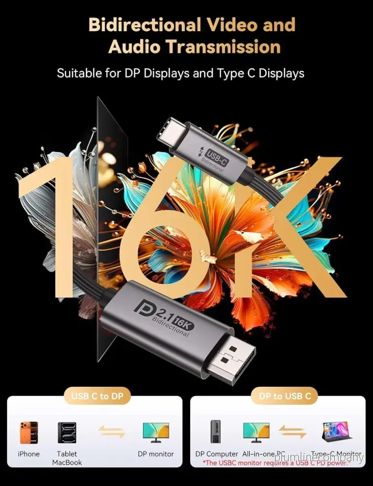 NÖRDIC 3m bidirektionell USB-C till DisplayPort 2.1 kabel 16K60Hz 8K240Hz/120Hz 4K240/165/144/60 HDR HDCP2.3 - Bild 2