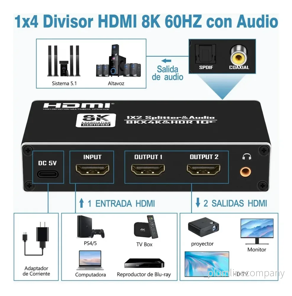 NÖRDIC HDMI 2.1 Splitter 8K60Hz 1 till 2 med inbyggd Extractor för SPDIF/Coaxial/Stereo - Bild 2