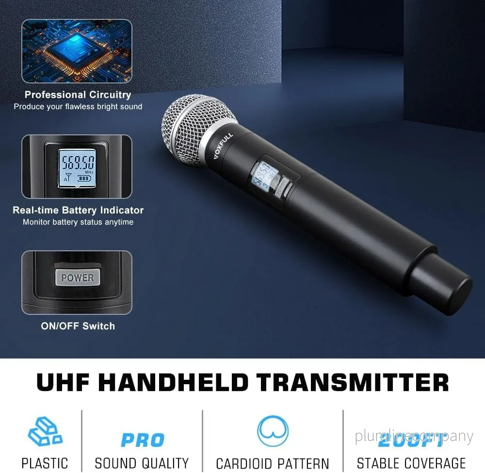 NÖRDIC Trådlöst dubbelt mikrofonsystem med 2 dynamiska mikrofoner, justerbara UHF-kanaler, 50m räckvidd, trådlösa mikrofoner för karaoke - Bild 3
