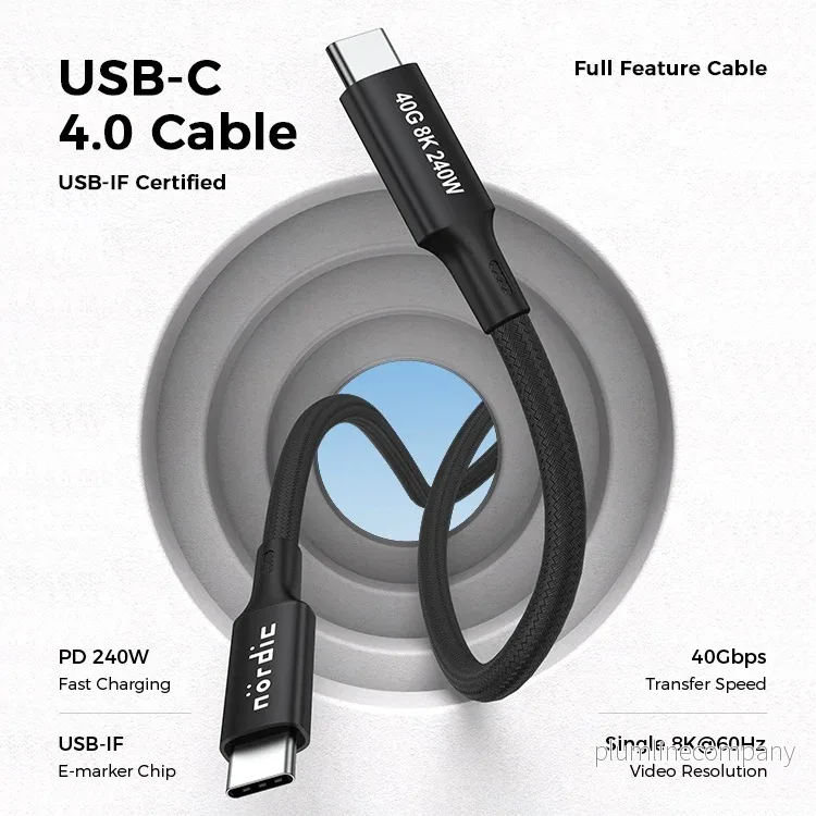 NÖRDIC 25cm USB4 USB-C till C nylonflätad kabel PD3.1 240W 40G 8K60Hz 4K144Hz svart - Bild 2