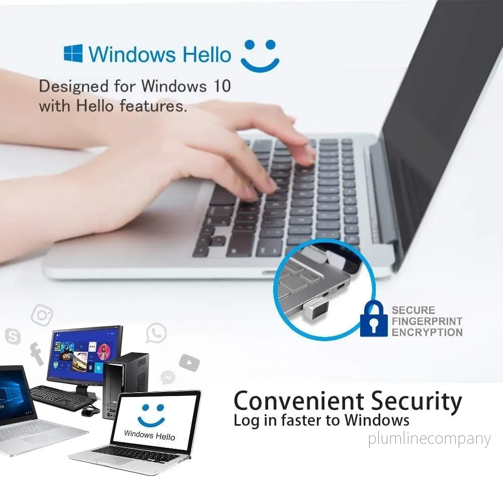 NÖRDIC USB Windows Hello Fingeravtrycksläsare för Windows 11/10, Säkerhetsenhet för inloggning på datorer, Säkerhetslås - Bild 2