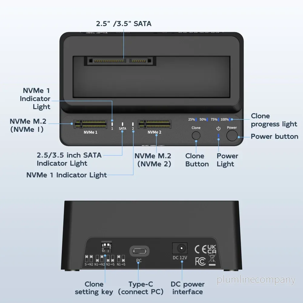 Maiwo K309CL Triple Bay HDD Clone-kabinett för 2× SSD NVMe M.2 och 1× SATA HDD - Bild 3