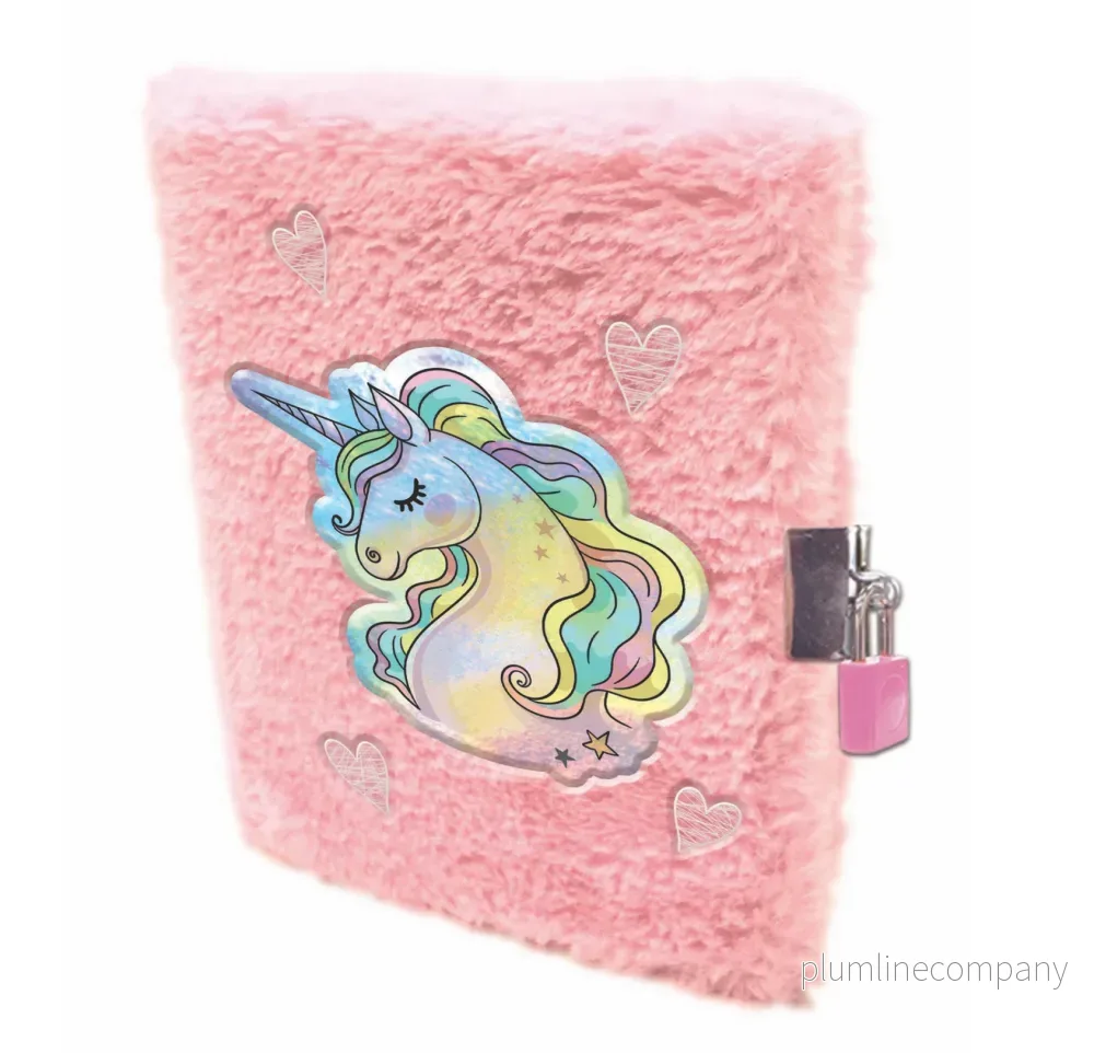 DAGBOK A5 PLYSCH M LÅS UNICORN ROSA