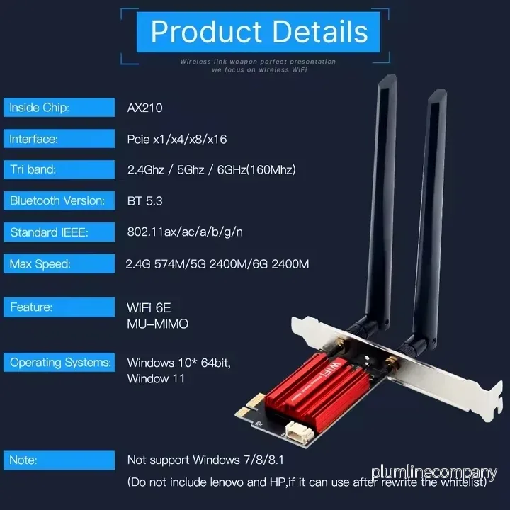 NÖRDIC PCIe AX210 WiFi-kort, tri-band 6 GHz/5 GHz/2,4 GHz internt nätverkskort, 5400 Mbps, PCIe, 8 dBi, Bluetooth 5.3-adapter - Bild 2