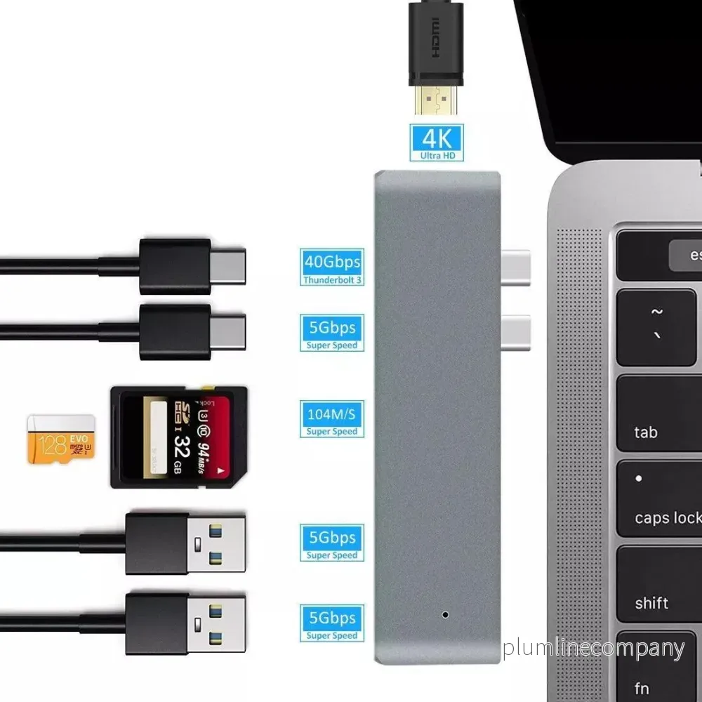 NÖRDIC 2 till 7 USB-C dubbla monitorer dockningsstation för MacBook Pro och Air 1xHDMI 4K30Hz 1xThunderbolt 3xUSB-C 5K60Hz 40G 1xUSB-C 100W PD - Bild 2