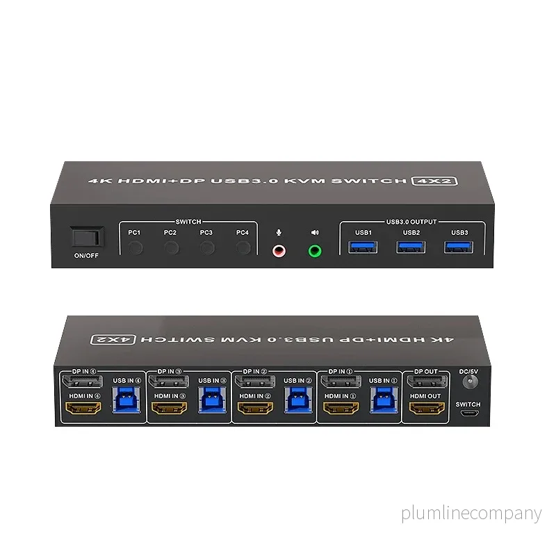 NÖRDIC KVM 4×2 Switch 4PC till Dual Monitor HDMI & DP 4K60Hz med 2×3.5mm och 3xUSB-A NÖRDIC KVM 4×2 Switch 4PC till Dual Monitor HDMI & DP 4K60Hz med 2×3.5mm och 3xUSB-A