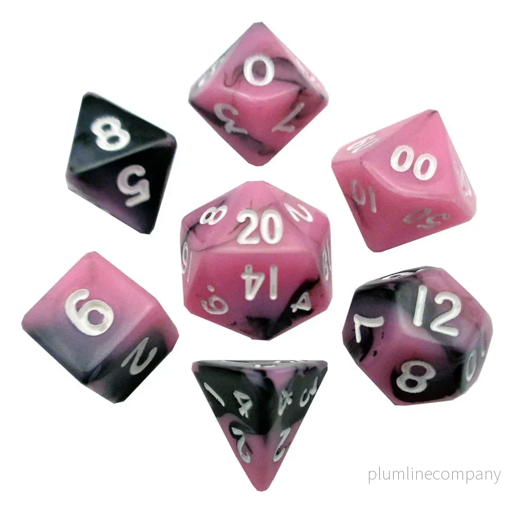 FanRoll Mini Dice Set Rosa/Svart med Vita Siffror (7) - Bild 2