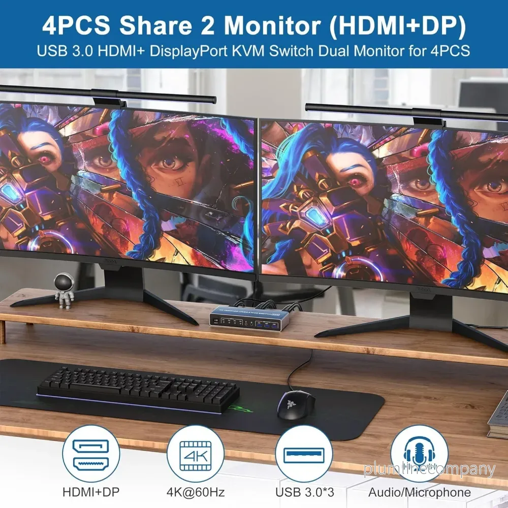 NÖRDIC KVM 4x2 Switch 4PC till Dual Monitor HDMI & DP 4K60Hz med 2x3.5mm och 3xUSB-A - Bild 2