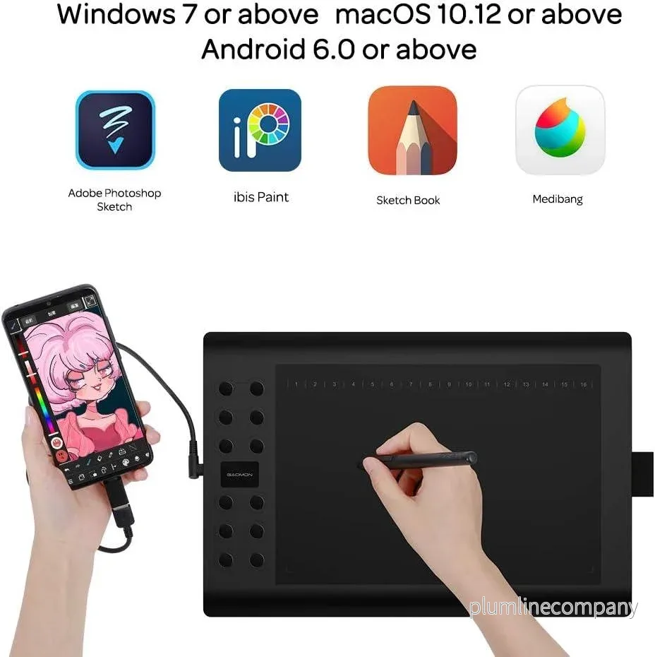 Professionell grafisk ritplatta med 12+16 programmeringsknappar. Kompatibel med Windows Mac Android och den är batterifri - Bild 2