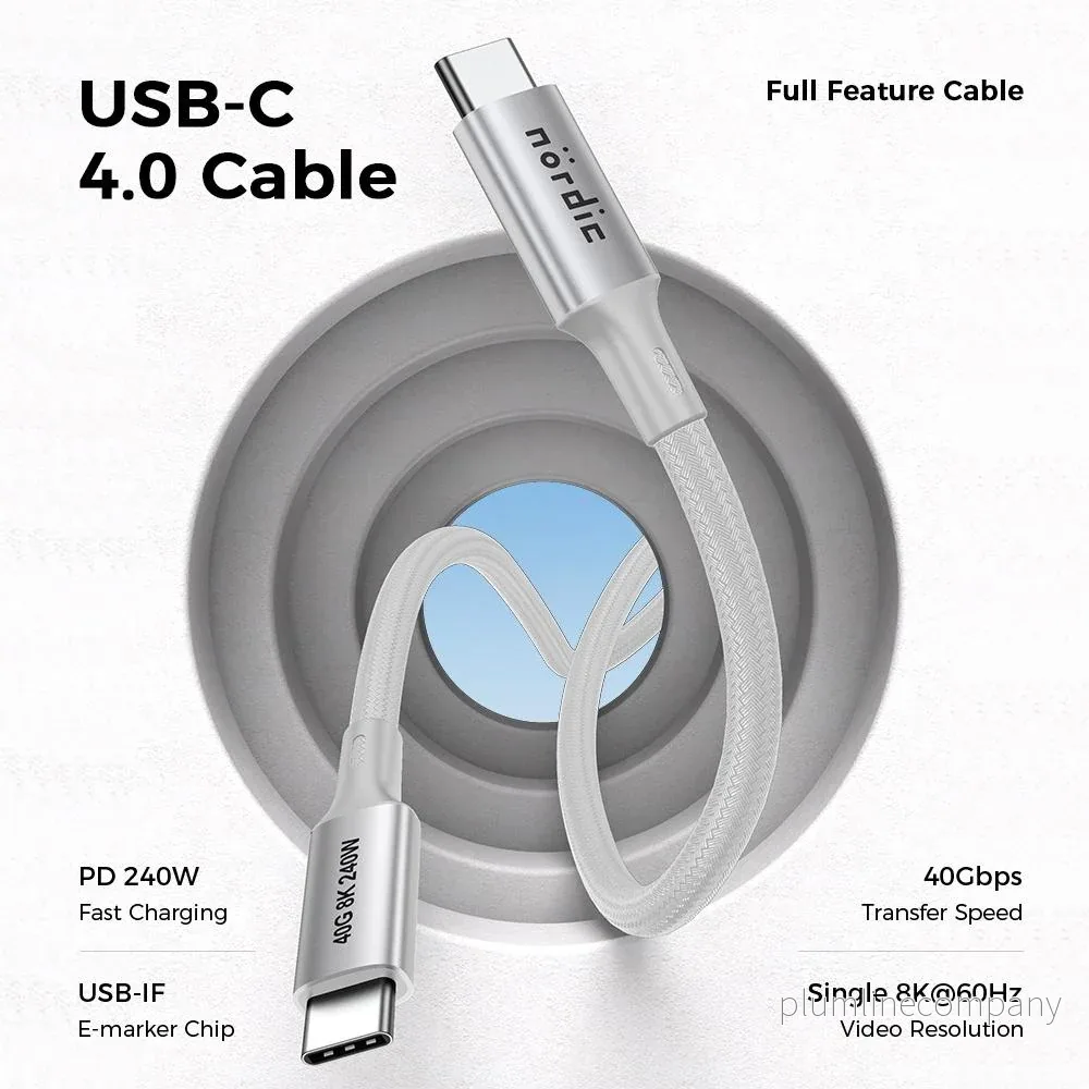 NÖRDIC 2m USB4 USB-C till C nylonflätad kabel PD3.1 med 240W snabbladdning 40G 8K60Hz 4K120Hz 5K60Hz 2x4K60Hz Emarker - Bild 2