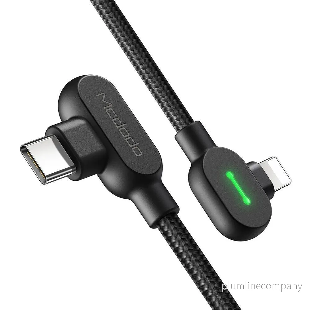 Mcdodo CA-7371 Lightning (Non MFI) vinklad till Type C vinklad PD 36W 1,8m med LED svart - Bild 2