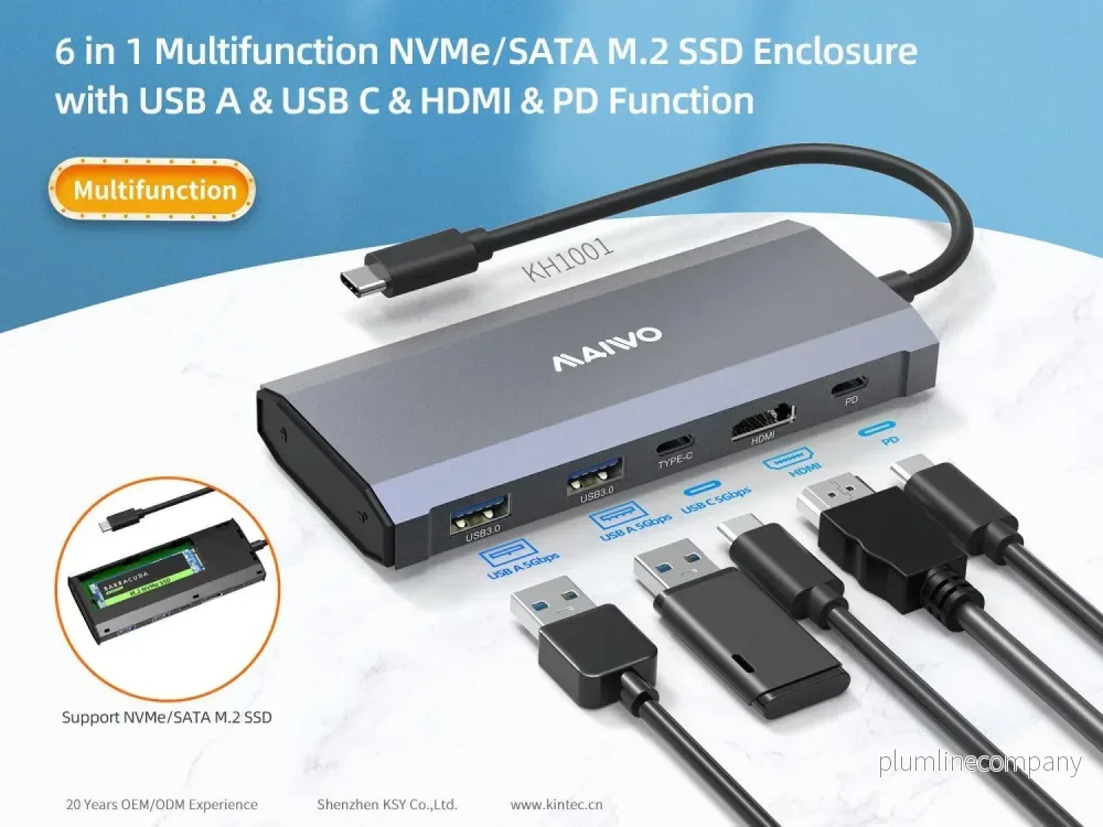 Maiwo KH1001 1 till 6 Dockningsstation 1xNVMe/SATA 1xHDMI 4K60Hz, 2xUSB-A 1xUSB-C 5Gbps 1xUSB-C PD100W - Bild 2