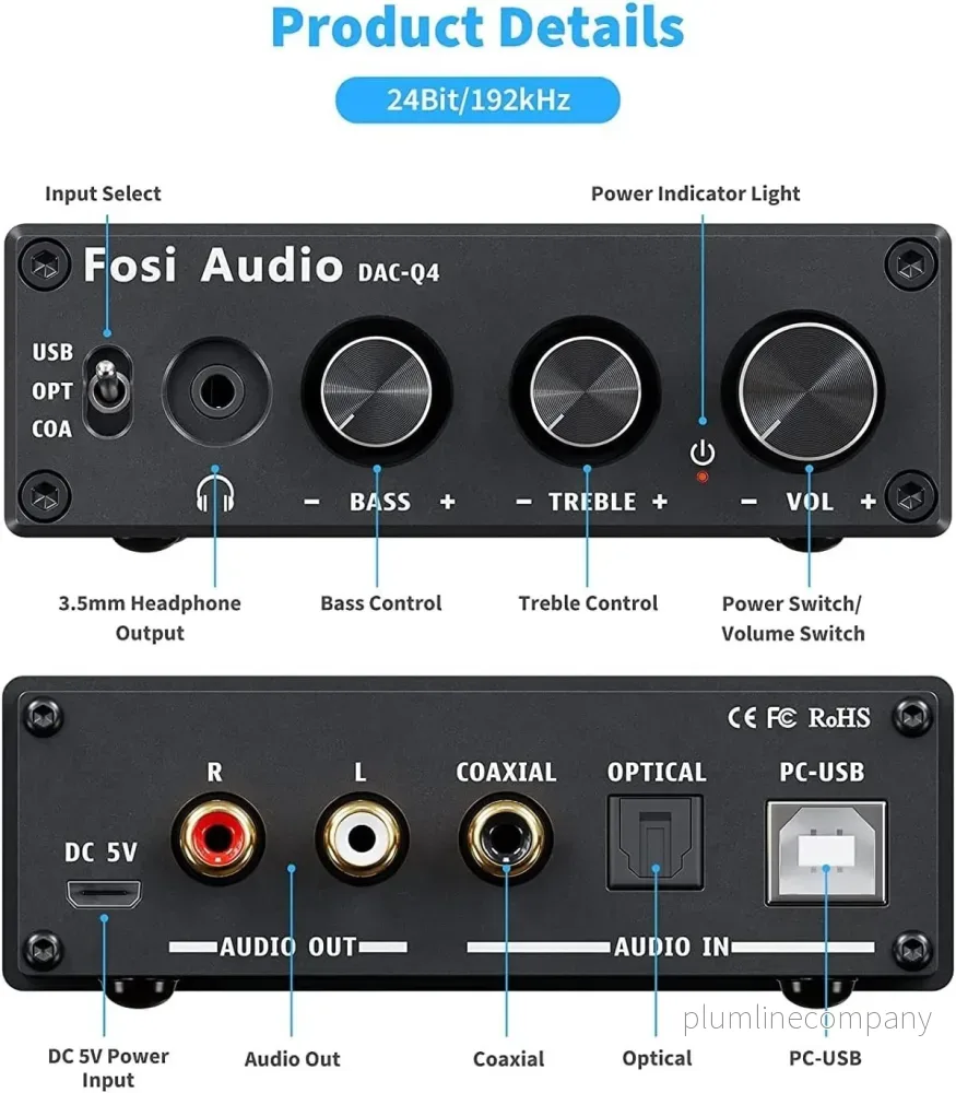 Fosi Audio Mini DAC & hörlursförstärkare, 24 bit/192 kHz USB/optisk/koaxial till RCA/AUX - Bild 2