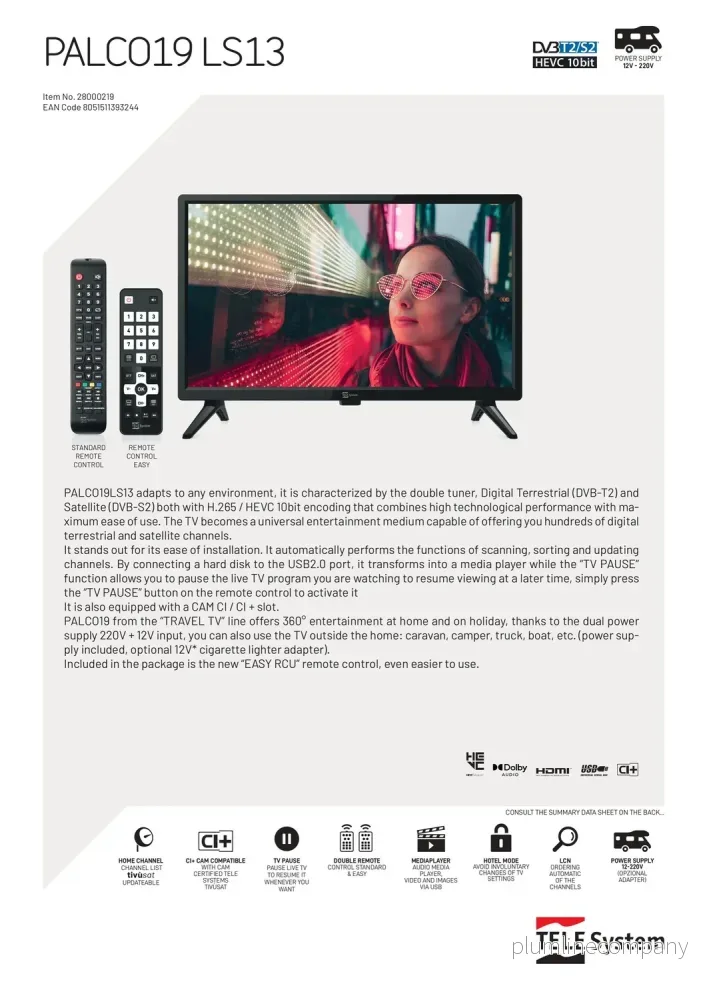 Full HD TV 19 tum 12V DC 100-240V för båt husvagn husbil DVB-T2 DVB-S2 VESA 100x100 PALCO 19LS13 - Bild 2