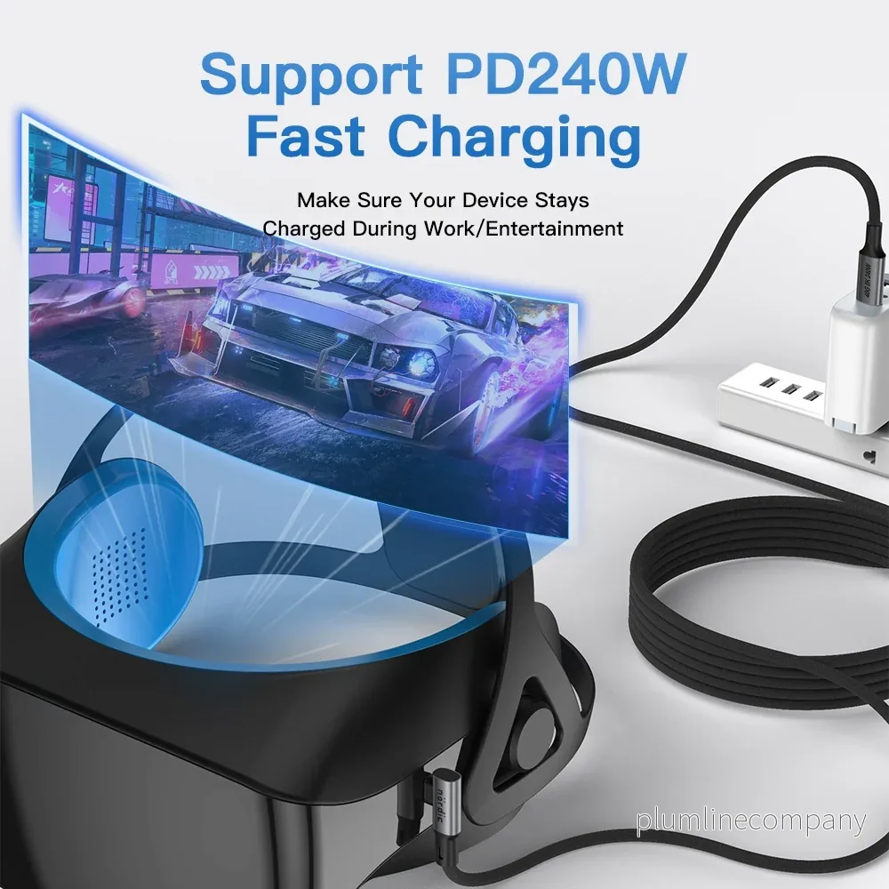 NÖRDIC vinklad 50cm USB4 USB-C till C nylonflätad kabel PD3.1 240W 40G 8K60Hz 4K144Hz grå - Bild 3