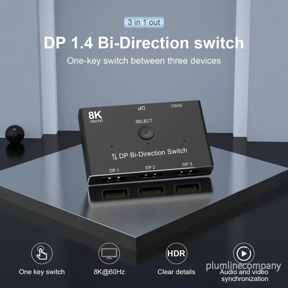 NÖRDIC Displayport 3 till 1 switch eller 1 till 3 splitter DP1.4 8K30Hz 4k120Hz 32.4Gbps - Bild 3