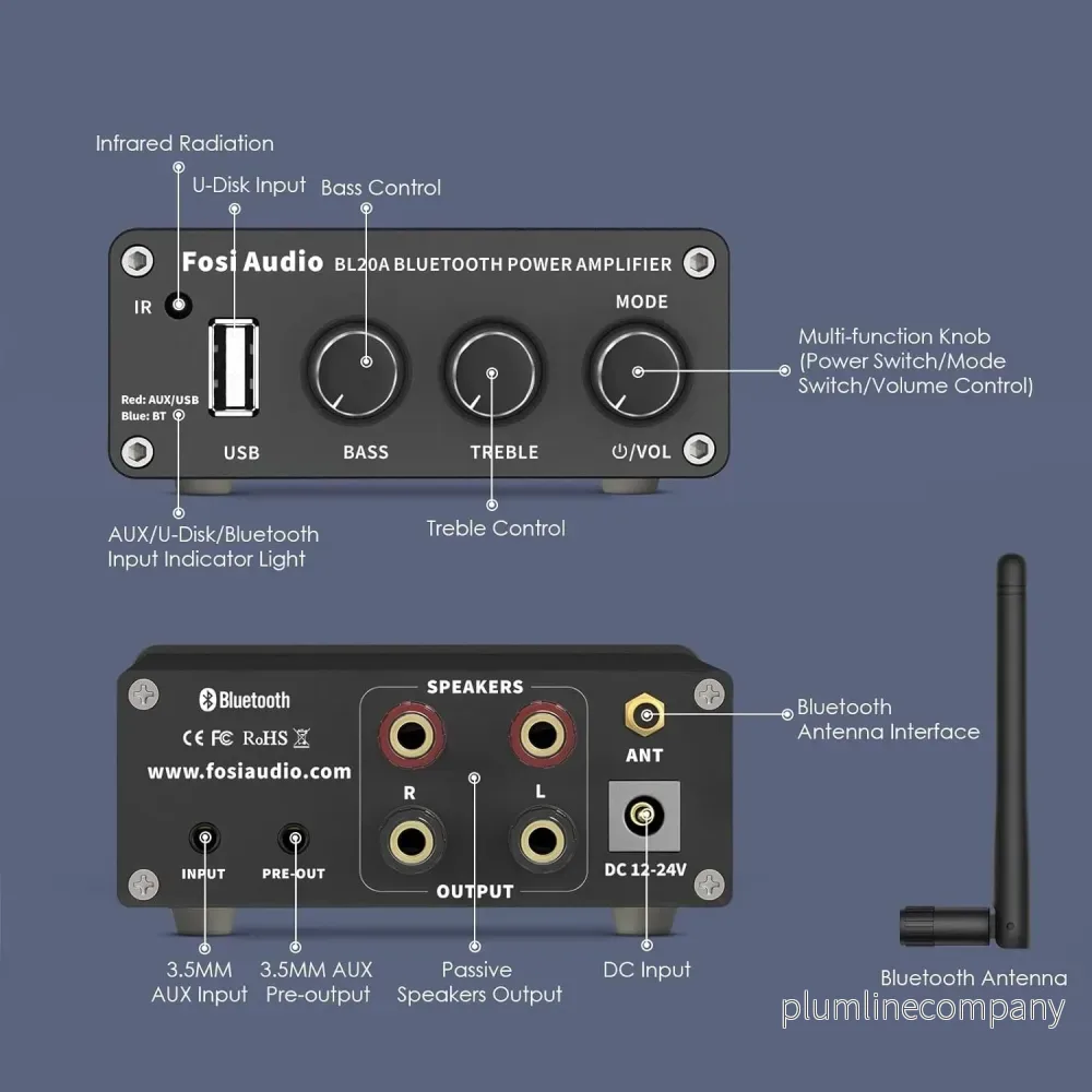 Fosi Audio BL20A 200W Bluetooth 5.0 Home Audio Stereoförstärkare Hi-Fi Mini Class D integrerad förstärkare med U-Disk/3,5MM AUX/RCA-ingång och fjärrkontroll - Bild 2