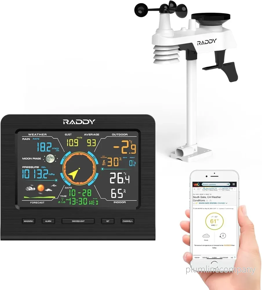 Professionell trådlös väderstation 13-i-1 med utomhussensor, termometer, barometer, hygrometer, vind- och regnmätare, 5″ LCD-Display