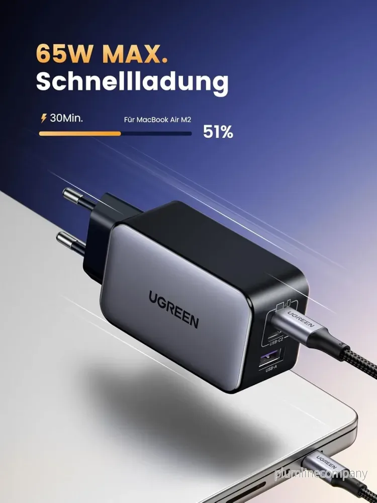 UGREEN Nexode 65W USB-C laddare med 3 portar, 2xUSB-C + 1xUSB-A, PD, PPS och GaN II - Bild 2