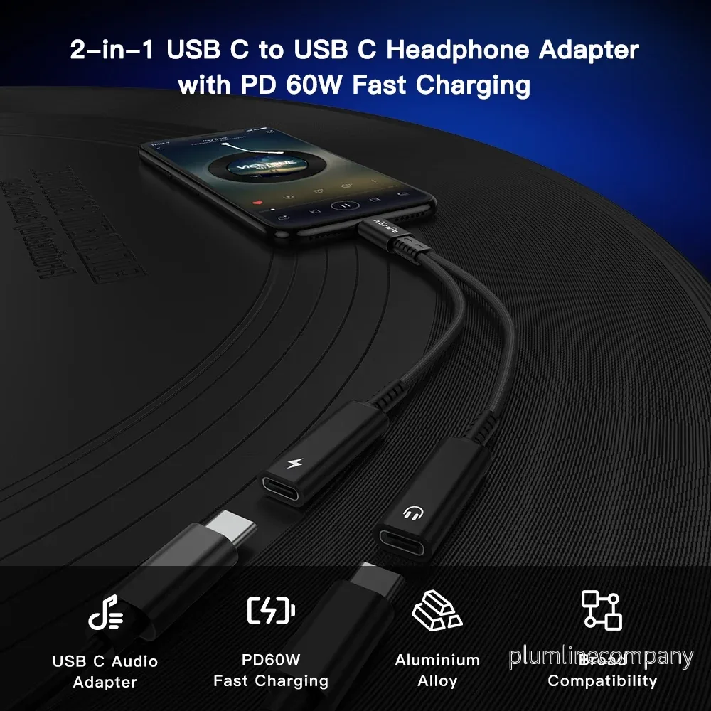 NÖRDIC 1 till 2 USB-C till 2xUSB-C hörlursadapter med 60W laddning - Bild 3