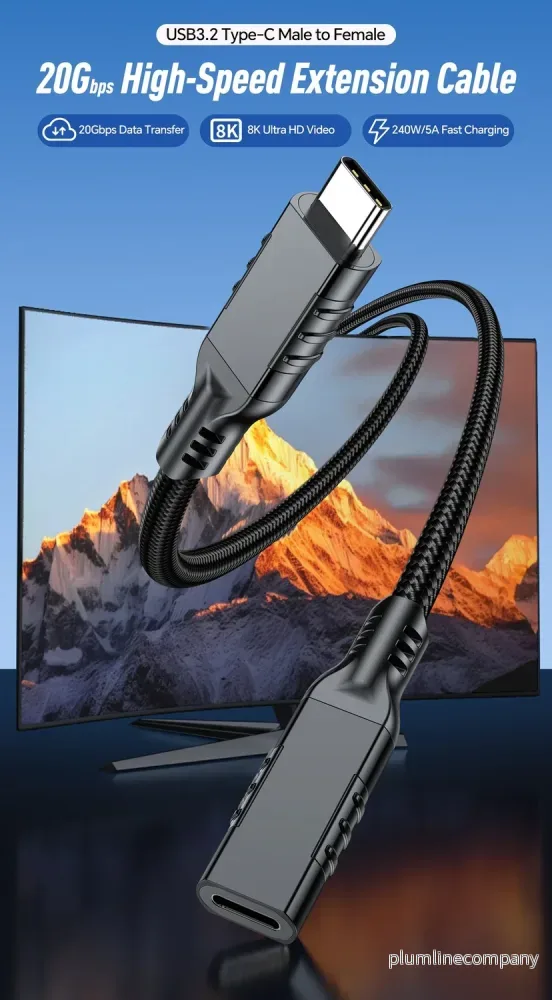 NÖRDIC 3m USB3.2 Gen2 20Gbps USB-C till C nylonflätad förlängningskabel med Power Delivery 240W 4K60Hz - Bild 3