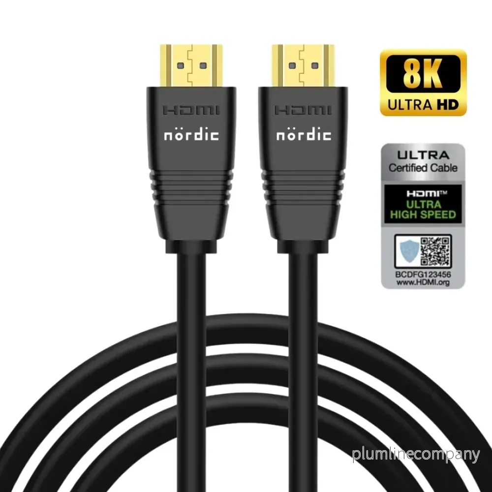 NÖRDIC CERTIFIED CABLES 1m Ultra High Speed HDMI2.1 8K 60Hz 4K 120Hz 144Hz 48Gbps Dynamic HDR eARC Game Mode VRR Dolby ATMOS guldpläterad PVC svart