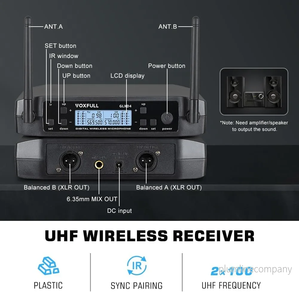 NÖRDIC Trådlöst dubbelt mikrofonsystem med 2 dynamiska mikrofoner, justerbara UHF-kanaler, 50m räckvidd, trådlösa mikrofoner för karaoke - Bild 2