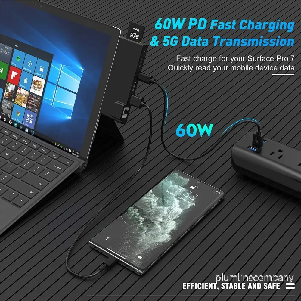 NÖRDIC USB 7-Port dockningstation för MicroSoft Surface Pro7 1xHDMI4k30Hz 2xUSB-A 5Gbps 1xUSB-C PD87W 1xRJ45 LAN och 1xTF och 1xSD - Bild 3