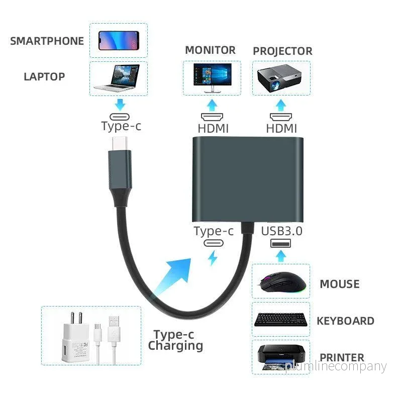NÖRDIC USB-C till 2xHDMI adapter 4K30Hz 1xUSB-C 60W PD 1xUSB-A 3.1 5Gbps MST - Bild 3