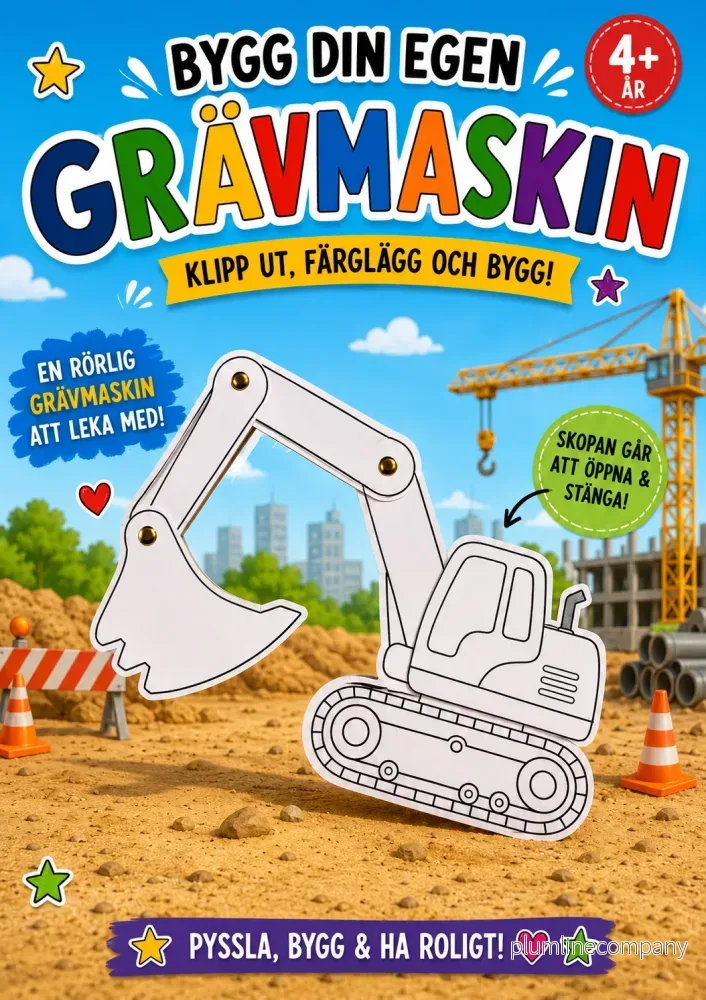 Bygg din egen grävmaskin – rörligt pyssel att färglägga Bygg din egen grävmaskin – rörligt pyssel att färglägga