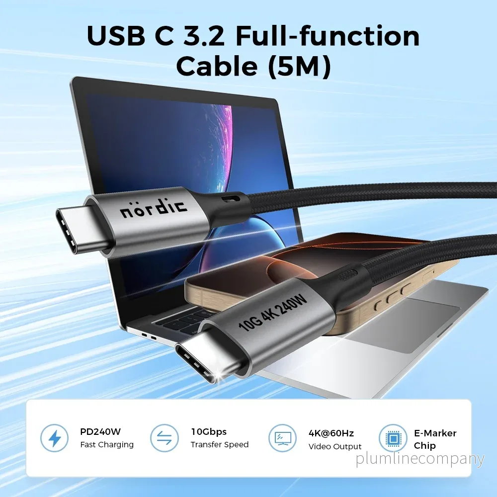 NÖRDIC 5m USB 3.2 Gen 2 USB-C till C nylonflätad kabel PD3.1 240W 20G 4K60Hz grå - Bild 2
